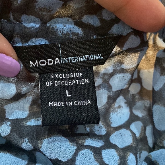 Moda International Womens Sheer Blue/Black Beaded Blouse Sz L V-Neck Puff Sleeve - Picture 8 of 9